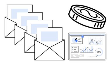Harfli zarflar, finans için madeni para, grafik ve verileri gösteren analitik gösterge paneli. Pazarlama, iletişim, finans, analiz, veri içgörüsü, dijital stratejiler için ideal basit