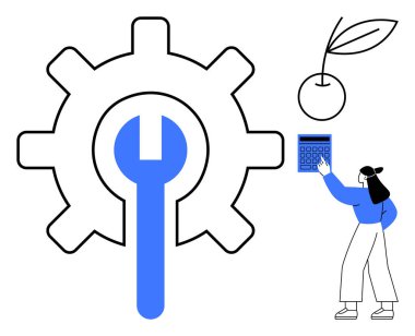 İngiliz anahtarlı vites, hesap makinesi kullanan kadın, büyümeyi, yeniliği, problem çözmeyi temsil eden yapraklı kiraz. İş, teknoloji, verimlilik onarım analizi için ideal. Düz