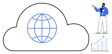 Küre merkezli bulut, büyüme grafiğini gösteren sunucu. Teknoloji, internet, iş, veri depolama, analitik, küresel bağlantı uzaktan kumandası için ideal. Düz basit metafor