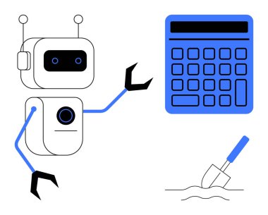 Yakınlardaki bir hesap makinesini işaret eden robot teknolojiyi, otomasyonu ve verimliliği sembolize ediyor. Yapay zeka, robot bilimi, yenilik, tarım eğitiminin çözümü için ideal. Düz