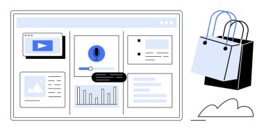 E-ticaret siteleri, video, mikrofon, metin, resim ve yakınlarda alışveriş torbaları olan grafik simgelerini gösteren gösterge paneli. Çevrimiçi alışveriş, dijital pazarlama, e-ticaret analizleri ve multimedya için ideal