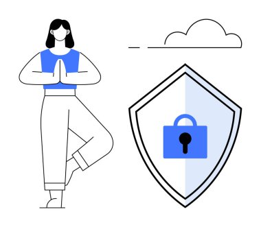 Yoga yapan kadın, güvenlik, huzur ve dengeyi temsil eden bir kalkan ve bulutla poz veriyor. Teknoloji, sağlık, mahremiyet, farkındalık, güvenlik sükuneti ve denge temaları için idealdir. Soyut