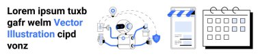 Robot çevrimiçi mağaza, mobil cihaz ve takvimin bağlı simgeleriyle görevleri yönetiyor. Teknoloji, yapay zeka, otomasyon, e-ticaret, verimlilik, uygulama geliştirme için ideal basit iniş sayfası