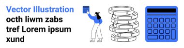 Kadın istiflenmiş paraların ve hesap makinesinin yanındaki klasöre uzanıyor. Finans, bütçe, muhasebe, muhasebe, muhasebe, yatırım, iş planlaması için ideal