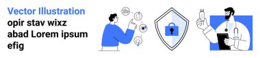 İletişim simgelerini gösteren profesyonel bir işaret, güvenlik kilidi olan bir kalkan ve elinde şişe tutan bir sağlık hizmeti sağlayıcısı. Teknoloji, güvenlik, iletişim, siber güvenlik, sağlık hizmetleri için ideal