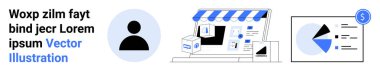 Profil avatarı, çizgili tente altında mağaza önü tasarımı, pasta grafiği ve büyüme verileriyle analitik gösterge paneli. Dijital pazarlama, çevrimiçi mağazalar, eCommerce stratejileri, markalaşma, finans için ideal
