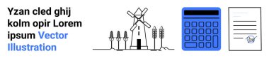 Ekinlerin ortasında yel değirmeni, mavi hesap makinesi, imzalı belge. Çiftçilik, sürdürülebilirlik, teknoloji, muhasebe, sözleşmeler, yenilenebilir enerji sade iniş sayfası için ideal