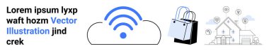 Kablosuz sinyali, alışveriş poşetleri ve akıllı ev ikonlarına sahip bulut dijital bağlantıyı, e-ticareti ve modern teknolojiyi vurgular. E-ticaret için ideal, IOT, akıllı yaşam, teknoloji geliştirme kablosuz