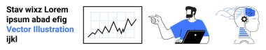 Yükselme eğilimi olan grafikler, dizüstü bilgisayarla hareket eden adam, beyin ve vites grafikli insan kafası. Analiz, yapay zeka, teknoloji, iş, yenilik, iş gücü ve düz iniş sayfası afişi için ideal