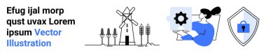 Bitkilerle çevrili yel değirmeni yenilenebilir enerjiyi sembolize eder, bir insan bir cihazın dişlisini analiz eder ve asma kilidi olan bir kalkan da siber güvenliği temsil eder. Sürdürülebilirlik ve teknoloji için ideal