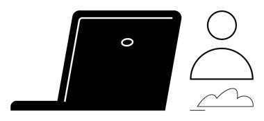 Kullanıcı profili simgesi ve bulutun yanında minimalist laptop silueti. Teknoloji, ağ, uzaktan çalışma, veri depolama, çevrimiçi güvenlik, işbirliği, dijital araçlar için ideal. Düz basit metafor