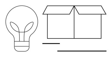 Açık bir kutunun yanında bitkisel filamanlı ampul, temiz çizgi sanatı tarzında. Yaratıcılık, sürdürülebilirlik, yenilik, ambalaj, alışılmışın dışında düşünme, ekoloji, yeşil çözümler, düz