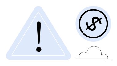 Uyarı üçgeni, ünlem işareti ve dolar parasıyla bir bulut anahatının üzerinde. Finans, ihtiyat, risk yönetimi, ekonomi, karar verme, maliyet analizi, zenginlik için idealdir. Düz basit metafor