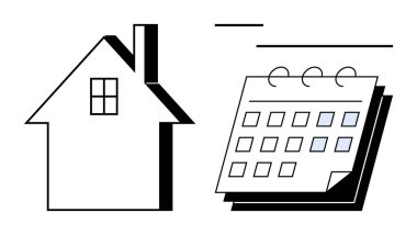 Penceresi ve spiral takvimi olan minimalist siyah beyaz bir ev. Ev bakımı, etkinlik planlaması, gayrimenkul, planlama, emlak yönetimi, hatırlatmalar, düz metafor için ideal