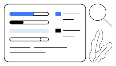 Yatay ilerleme çubukları, büyüteç, yaprak aksanı tasarımı. İlerleme, analitik, arama, görev takibi için ideal, verimlilik projesi yönetim kavramlarını raporlar. Düz basit metafor