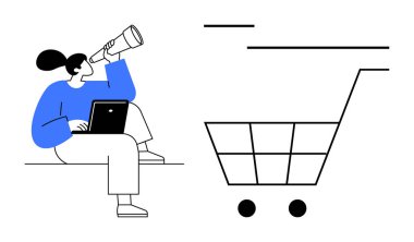 Dizüstü bilgisayarla oturan, alışveriş arabasının yanında teleskop kullanan, piyasa araştırmalarını, e-ticareti, tüketici davranışlarını, gelecek fırsatlarını, trend analizlerini sembolize eden kişi. Yenilik ve e-ticaret için ideal