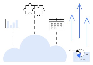 Analiz, bulmaca parçaları, takvim, yukarı çıkan oklar ve pasta grafiğine bağlı bulut. İşbirliği, organizasyon, strateji yeniliği büyüme veri analizi verimliliği için ideal. Düz basit