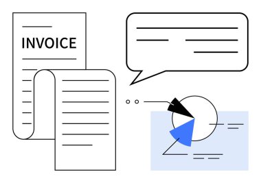 Fatura dökülüyor, konuşma balonu tartışmayı gösteriyor, pasta grafiği veri sunumunu görselleştiriyor. Finans, iş, bütçe, analitik, muhasebe ödemeleri için idealdir. Düz basit