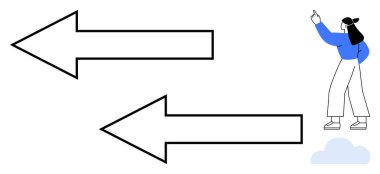 İki büyük yatay oku işaret eden kadın zıt yönlere gidiyor, kararları veya tercihleri sembolize ediyor. Navigasyon, karar verme, rehberlik, değişim, yön değiştirme, seçenekler, strateji için ideal