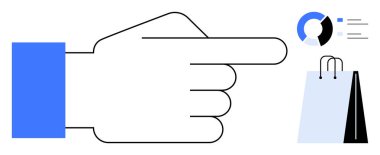 Pasta grafiği ve alışveriş çantasına doğru uzanan el, veriyle yapılan alışverişi işaret ediyor. Ticaret, karar verme, analitik, iş, e-ticaret, pazarlama stratejisi için idealdir.