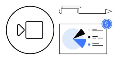 Sanal toplantılar için video oynatma düğmesi, not almak için kalem ve pasta grafiğiyle finansal rapor. Çalışma üretkenliği, eğitim, teknoloji, finans, strateji ve iletişim için ideal