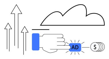 Elle basma düğmesi, gelir öneren madeni paralar, büyümeyi sembolize eden yukarı doğru oklar ve online varlığı simgeleyen bulut. Pazarlama, dijital reklamlar, gelir, çevrimiçi strateji ve iş için ideal