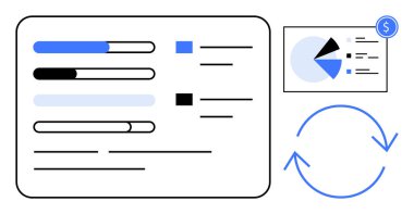 Gelişme çubukları, pasta grafiği ve güncellemeleri temsil eden dairesel ok döngüsünü içeren veri analizi. Finans, analitik, iş akışı, iş, ilerleme projesi yönetimi ve yenilik için ideal. Düz