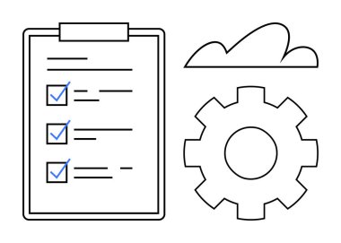 İş akışı yönetimi, görev tamamlanması, bulut çözümlerini vurgulayan kontrol listesi, teçhizat ve bulut özeti içeren pano. Üretkenlik, takım çalışması, planlama, otomasyon bulutu teknolojisi süreci için ideal