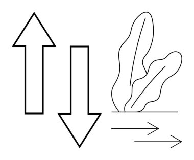 Yukarı ve aşağı doğru kalın oklar, akış yönü çizgileri ve soyut yapraklar hareketi, süreci, büyümeyi, dengeyi, karar vermeyi, ilerlemeyi ve doğayı vurgular. İş kavramları için ideal