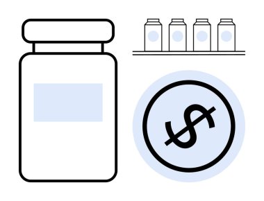 İlaç şişesi ve dolar sembolü ilaç fiyatlandırması ve sağlık harcamalarını vurguluyor. Erzak için rafta ikincil şişeler var. Sağlık, ilaç, maliyet analizi ve ekonomi için ideal