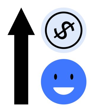 Siyah yukarı doğru ok, dolar işareti ile mavi daire, ve gülen yüz ikonu başarıyı, büyümeyi ve memnuniyeti temsil ediyor. İş, finans, ekonomi ve kar motivasyonu için ideal
