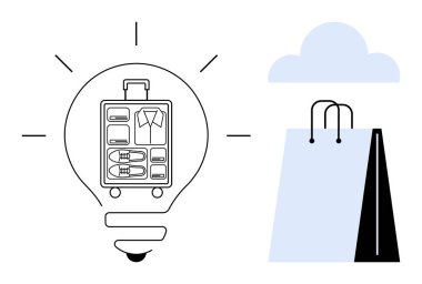 İçinde organize bavul bulunan ampul, alışveriş çantasındaki bulut altında yenilikleri temsil ediyor. Seyahat, alışveriş, planlama, organizasyon, yenilik, yaşam tarzı minimalisti için ideal