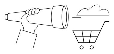 El ele tutuşan teleskop bulut şeklindeki bir alışveriş arabasına doğrultuluyor, e-ticaret öngörüsünü, gelecekteki eğilimleri, tüketici davranışlarını ve dijital dönüşümü vurguluyor. Vizyon ve strateji için ideal