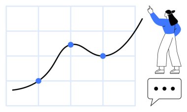 Bükülmüş büyüme çizgisi ve noktaları olan şebeke çizelgesi. Yükselme eğiliminde bir kadın. Konuşma balonu yakında. Veri analizi, büyüme stratejisi, iş başarısı, planlama, takım çalışması, ilerleme için ideal