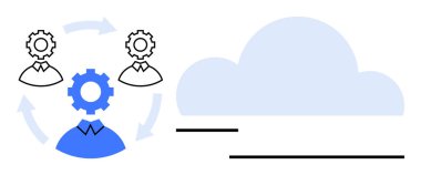 Bulut sembolünün yanında okları olan bir döngüde dişli avatarlar. Takım çalışması, bulut hesaplama, iş akışı, otomasyon, bilişim sistemleri, veri paylaşımı, yenilik için ideal. Düz basit metafor