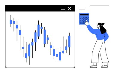 Hesap makinesi kullanan bir kadınla pazar eğilimleri için şamdan grafiği gösteren grafik. Finans, yatırım, ekonomi, ticaret, analiz, eğitim ve bütçe konuları için idealdir. Düz basit metafor