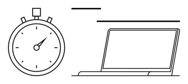 Kronometre ve dizüstü bilgisayar, zaman yönetimi, verimlilik ve iş verimliliğini gösteriyor. Zaman izleme, teslim tarihleri, çevrimiçi öğrenme, uzak çalışma, iş çözümleri, hedef belirleme için ideal