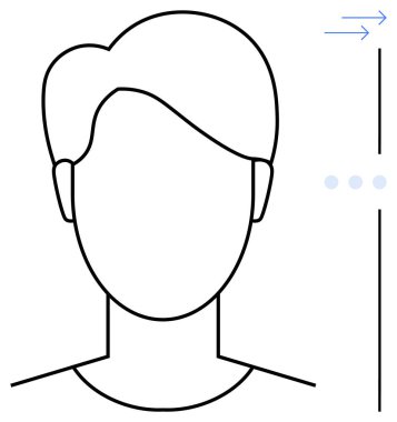 Sağ tarafta yön bulma okları ve nokta göstergelerinin yanında minimalist tasarımı olan baş ana hatları. Profil, kimlik, minimalizm, navigasyon, teknoloji, seçimler ve etkileşim için ideal. Düz basit