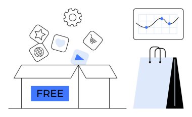 FREE etiketli açık kutu bir grafik ve alışveriş çantasının yanına pazarlama simgeleri bırakıyor. Pazarlama, iş büyümesi, analitik, e-ticaret, tüketici davranışı, markalaşma ve strateji için ideal. Düz basit