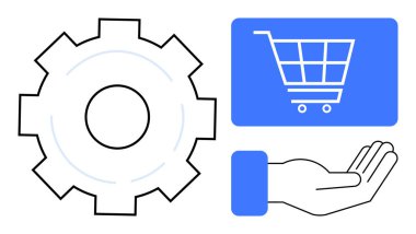 Dişlileri temsil etme süreci, kart üzerindeki alışveriş arabası çevrimiçi perakendeciliği sembolize ediyor ve el ile taşıma desteği. İş, e-ticaret, yönetim, teknoloji, yenilikçi lojistik ekip çalışması için ideal. Düz