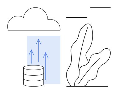 Veritabanından yukarıya doğru giden okları olan bulut veri yüklemesini sembolize ediyor. Yaprak elementi çevre dostu bir dokunuş ekliyor. Teknoloji, bulut hesaplama, veri transferi, minimalizm ve yenilik için ideal