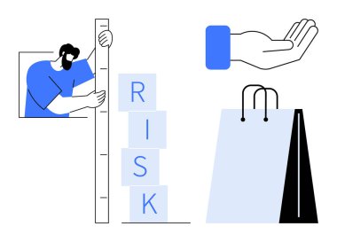 Elinde bir cetvel tutan kişi, işaretlenmiş blokları değerlendiriyor. Risk, açık ikram, alışveriş torbaları. Finans, değerlendirme, karar verme, iş stratejisi, ölçüm, tüketici analizi için ideal