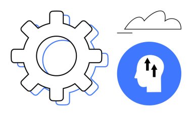Bulut ve kafanın yanında büyümeyi ve yeniliği simgeleyen oklarla sistemleri ve verimliliği temsil ediyor. Takım çalışması, yaratıcılık, problem çözme, strateji, otomasyon, eğitim için ideal. Düz