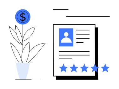 Saksı bitkisi dolar işaretiyle büyüyor, profil görüntüsüyle belgeye devam ediyor, ve yıldız reytingleriyle. İşe alım, büyüme, kariyer, yetenek, değerlendirme başarı finansal ilerleme için idealdir. Düz basit metafor