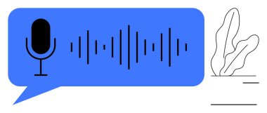 Konuşma balonu içindeki mikrofon simgesi ve ses dalgası ses, podcast veya kaydı sembolize eder. Minimalist bitki aksanı dengeyi yansıtır. İletişim için ideal, teknoloji, yaratıcılık, podcast, ses