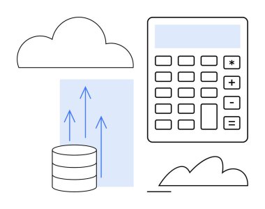 Bulut depolama, yukarı doğru oklu veri tabanı, hesap makinesi. Bulut hesaplama, finans, veri analizi, teknoloji, veri tabanı yönetimi iş büyümesi için idealdir. Düz basit metafor