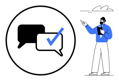 Konuşma baloncukları bir daire içinde işaretli, sunucunun yanında notlarla birlikte. İletişim, doğrulama, geri bildirim, takım çalışması, eğitim, planlama ve strateji için ideal. Düz basit