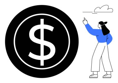Kalın çemberin içindeki dolar işaretini işaret eden kadın figürü, finansal odaklanmayı veya potansiyel kazanmayı ima ediyor. İş, bütçe, tasarruf, yatırım, pazarlama, para kazanma için ideal
