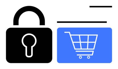 Alışveriş arabasının yanındaki sembol, güvenli e-ticaret işlemlerini temsil ediyor. Çevrimiçi alışveriş, siber güvenlik, ödeme güvenliği, e-ticaret çözümleri, gizlilik, şifreleme, daire