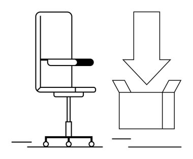 Çağdaş ofis sandalyesi aşağı doğru giden ok boyunca açık kutuya doğru gidiyor. Taşınmak, dağıtım, küçültme, boşaltma, istifa, ofis lojistiği, düz bir metafor için ideal